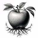 outlined hand drawn apple tree with roots and no leaves. keep simple and realistic tattoo design idea