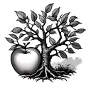 outlined hand drawn apple tree with roots and no leaves. keep simple and realistic tattoo design idea
