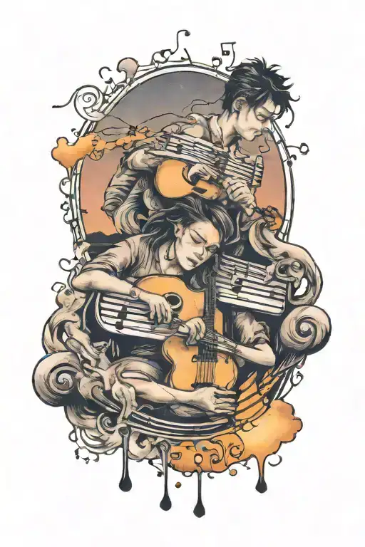 brother and sister playing sunset music notes floating in the air tattoo design idea
