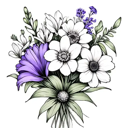 simple fine line boquet of lakspur, lily of the valey, violet, daffodil, daisy, poppy an tattoo design idea