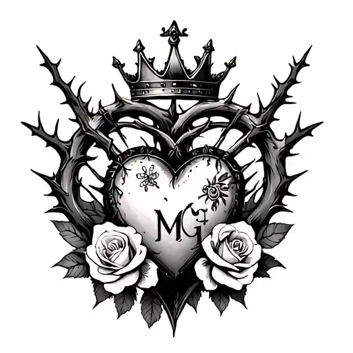 "M G" heart surrounded by thorns and roses with a crown adorned tattoo design idea
