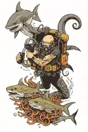 Suggest a picture with the theme of diving, including a shark, a diver, an 8-armed octopus, coral, and a barracuda. tattoo design idea