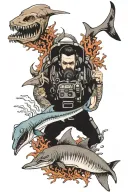 Suggest a picture with the theme of diving, including a shark, a diver, an 8-armed octopus, coral, and a barracuda. tattoo design idea