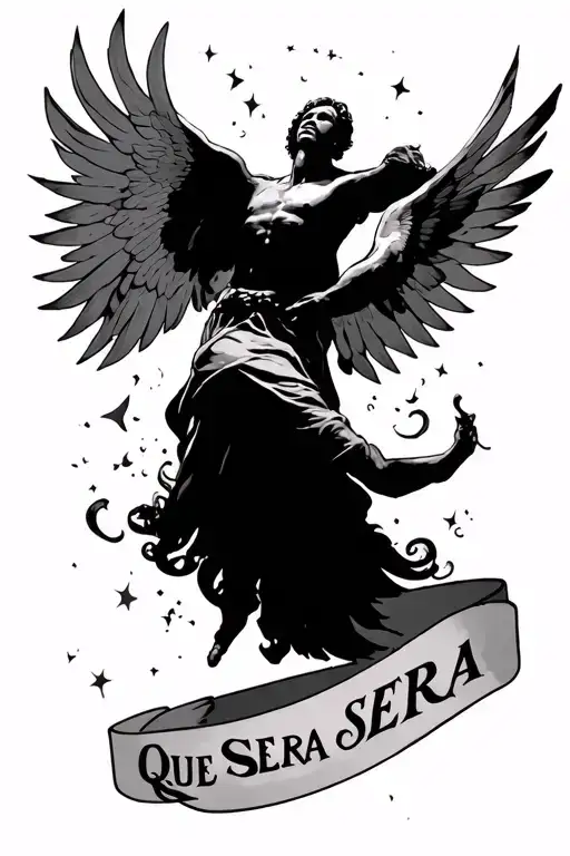 icarus falling from the sky with que sera sera written  tattoo design idea