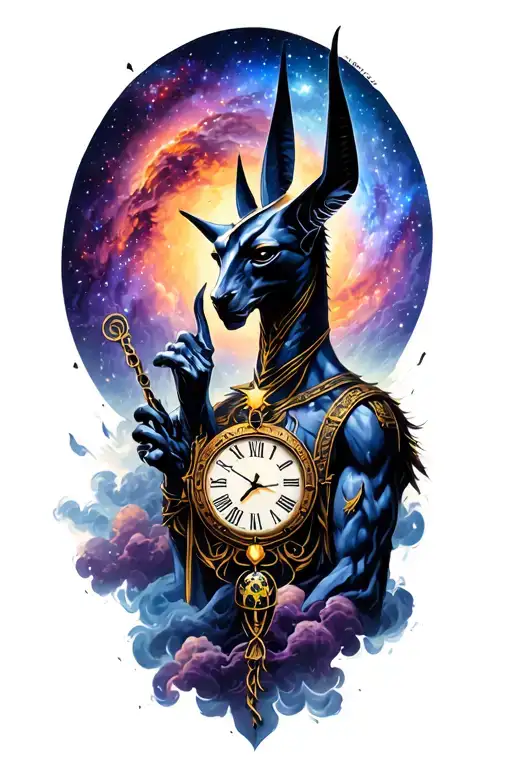 Galaxy Landscape With Technology and Cosmic Dust Clouds Featuring God anubis and clock Tattoo tattoo design idea