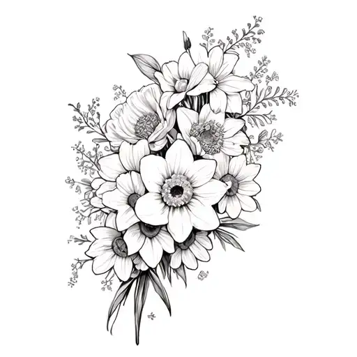sleeve of daffodils, chrysanthemums, lilies of the valley, marigolds and poppies tattoo design idea