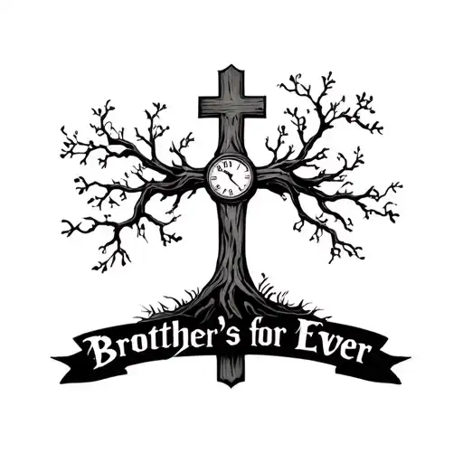 "Brother's for Ever " cross with tree growing and clock in background black and white tattoo design idea