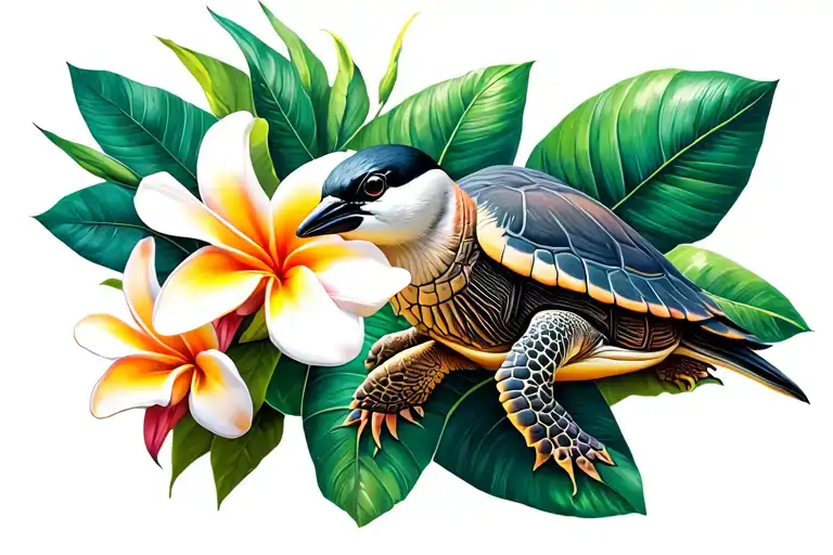 Polynesian turtle tropicbird frangipani flower exotic foliage tattoo design idea