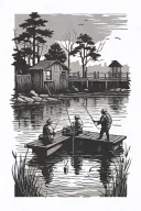 2 shadow sihlouettes on fishing dock, water scenery in background tattoo design idea
