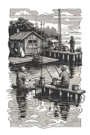 2 shadow sihlouettes on fishing dock, water scenery in background tattoo design idea