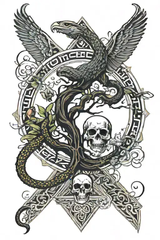 tree snake one pyramid black eagle waterfalls eyeball wheelchair sun, moon ,whale, dragon emersing, yinyang skull roses tattoo design idea