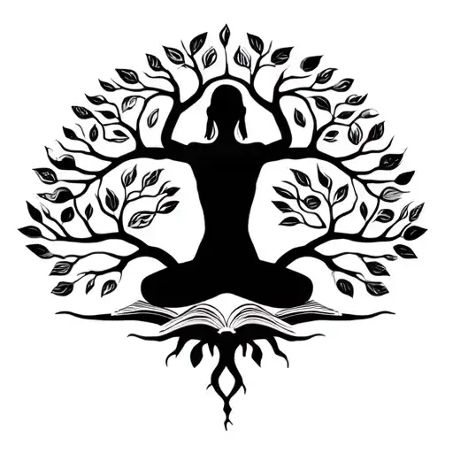 A tree of knowledge with yoga poses as the branches and books as the leaves tattoo design idea