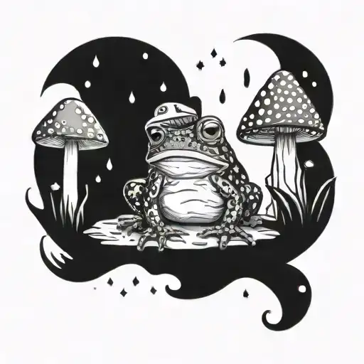 toad sitting surrounded by 4 toadstools with magic flurries around  tattoo design idea