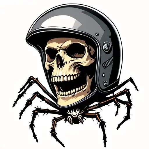 A skull with spider legs crawling out of a motorcycle helmet tattoo design idea