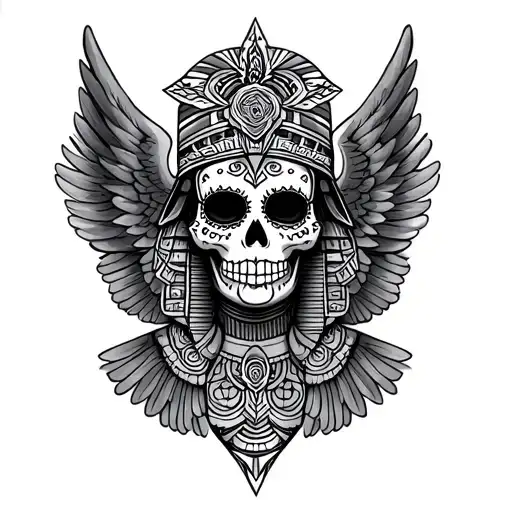 sugar skull wearing Aztec winged sphinx tattoo design idea