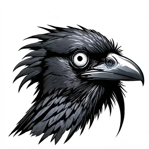 crows head holding eye ball in beak, side profile tattoo design idea