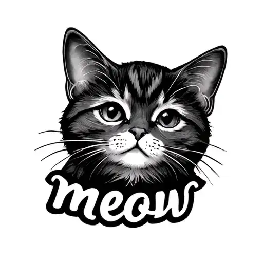 Small simple tattoo with the word meow. Examples should include these fonts, ❝𝗺𝗲𝗼𝘄.❞, m͟e͟o͟w͟.͟   Subtle whiskers tattoo design idea
