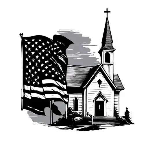 country church with Christian and American flags tattoo design idea
