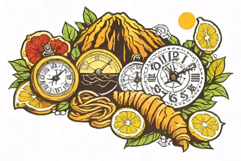 Lemon, croissant, clock, mountain, and volcano flowing lava tattoo design idea