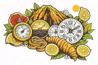 Lemon, croissant, clock, mountain, and volcano flowing lava tattoo design idea