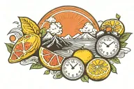 Lemon, croissant, clock, mountain, and volcano flowing lava tattoo design idea