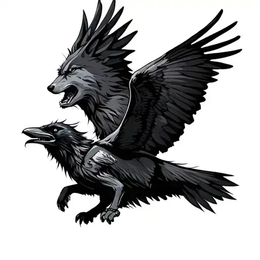 angry wolf and raven flying together tattoo design idea