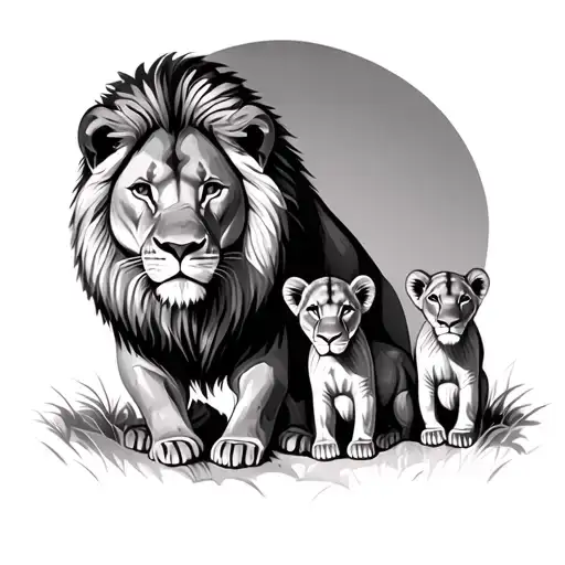 a lion and a lioness with 3 cubs surrounded tattoo design idea