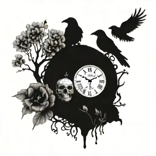 family tree growing on a clock and skulls with crows perched a top the branches and poppies underneath tattoo design idea