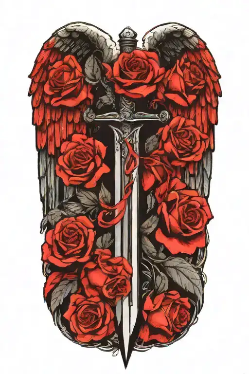 angel wings behind sword, roses tattoo design idea