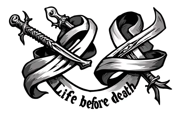 Spear on the left - sword on the right Cloth ribbon wrapped around them three times with the words “Life before death” tattoo design idea