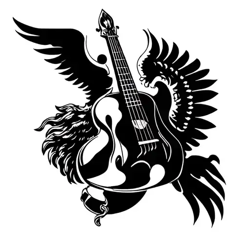 “A contemporary black-ink tattoo design featuring symbolic accessories of Apollo, the Greek god of music, arts, and ligh tattoo design idea