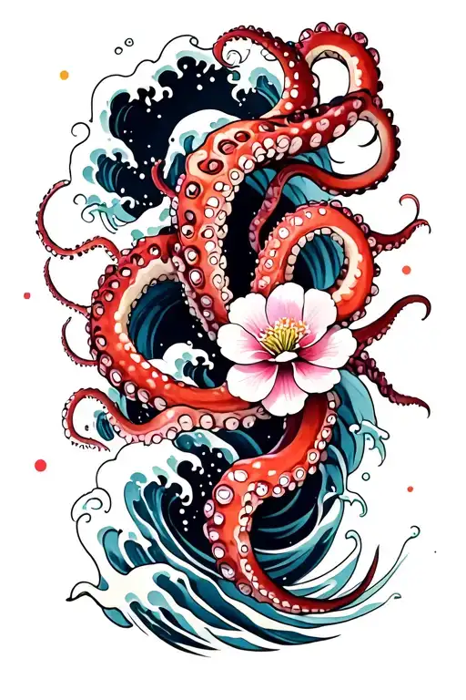 japaense water waves, cherry blossom scattered, octopus tentacles wrapped around tattoo design idea