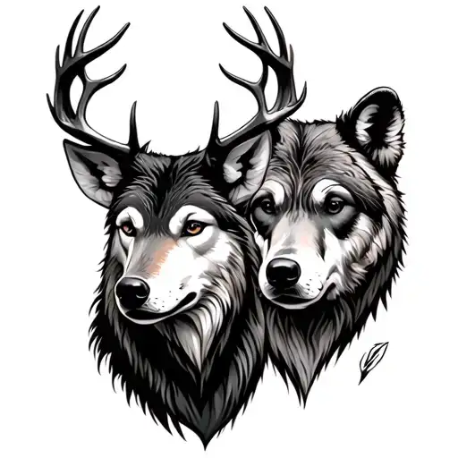 A Deer, A Wolf And A Bear head tattoo design idea