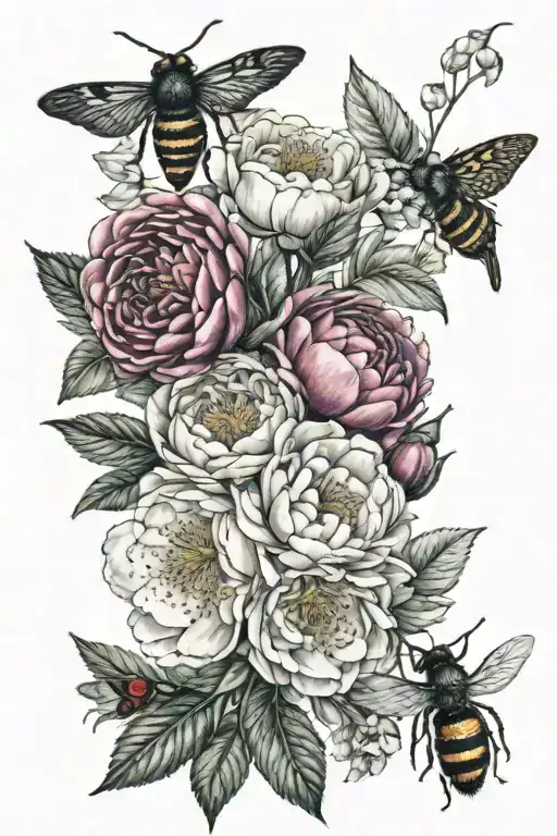 A bouquet of flowers, among them peonies, strawberry flowers, strawberries, raspberries, a bee, a spider, a small bird tattoo design idea
