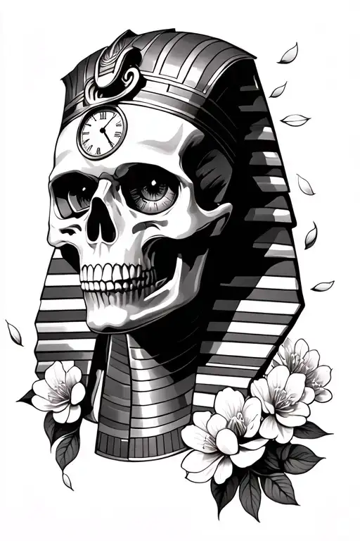 Skull of a Pharaoh with a clock in his eye and cherry blossom petals for the upper arm tattoo design idea