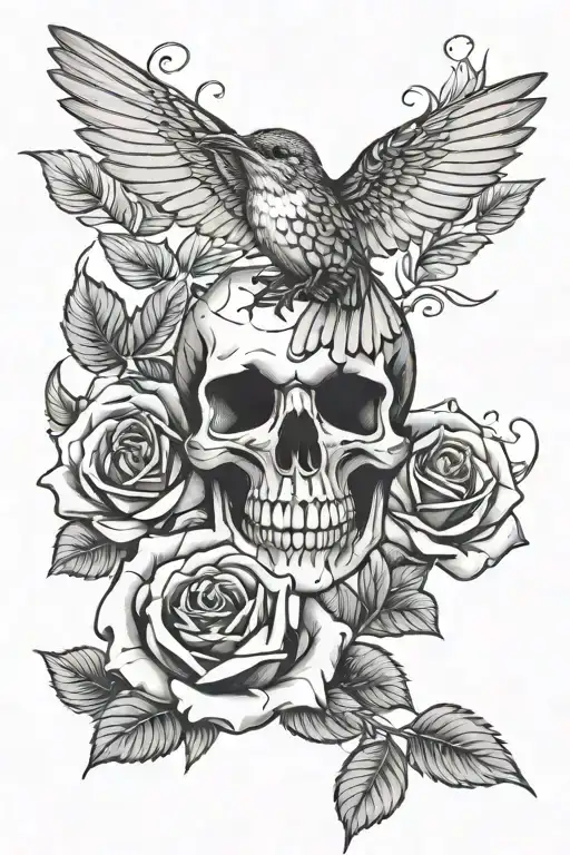 skull roses surrounding hummingbird flying tattoo design idea