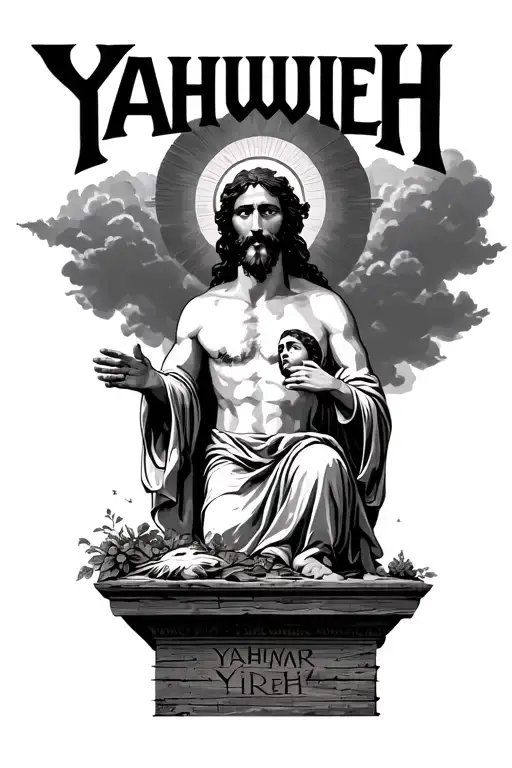 Yahweh Yireh in creative font with Abraham about to sacrifice his son on altar Isaac, but up above is Gods face w clouds tattoo design idea