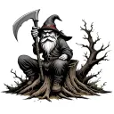 Evil Redcap Gnome Sitting on Rotting Tree Stump holding a hand Scythe as a weapon Back of hand tattoo fade for knuckles tattoo design idea