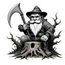 Evil Redcap Gnome Sitting on Rotting Tree Stump holding a hand Scythe as a weapon Back of hand tattoo fade for knuckles tattoo design idea