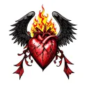 sacred heart with flames out top and Gothic wings spread tattoo design idea