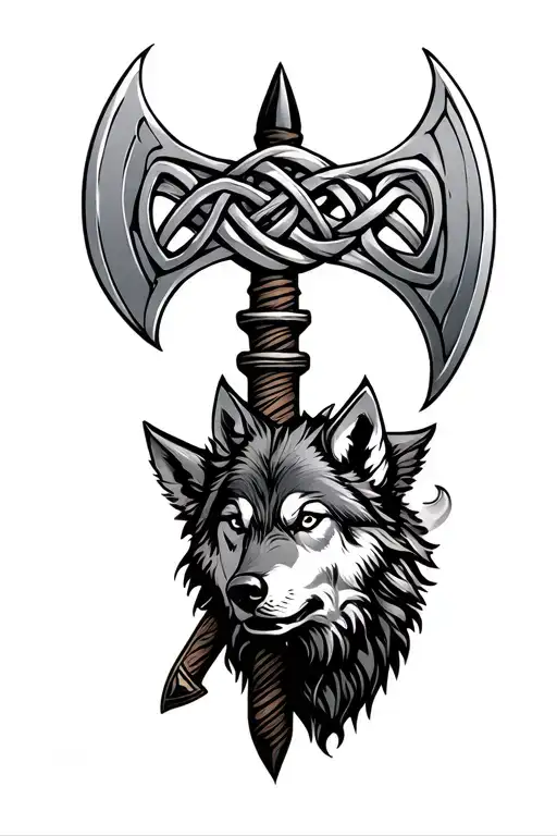 viking knotwork design incorporating battle axes and wolves tattoo design idea