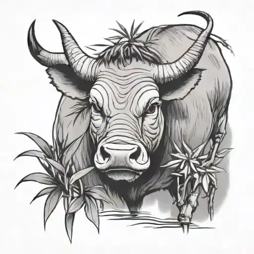 ox with bamboo in background representing vietnam  tattoo design idea