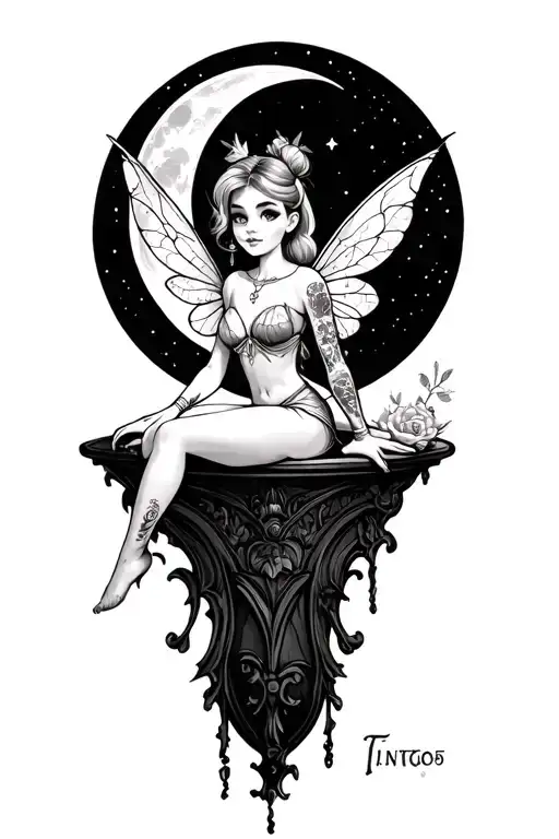 gothic tinkerbell sitting on a moon with tattoos inspired tattoo design idea