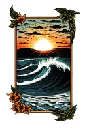 ocean tide waves crashing on shore with sun rising tattoo design idea