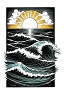 ocean tide waves crashing on shore with sun rising tattoo design idea