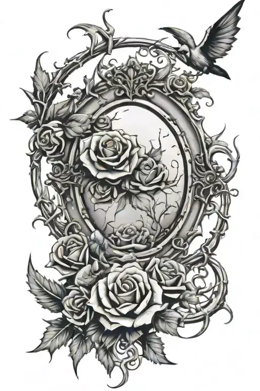 shattered vintage gothic mirror with thorns and barbed wires and roses and crescent moon tattoo design idea