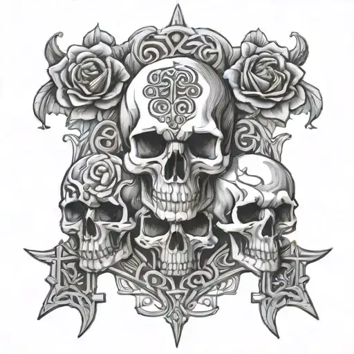 two skulls on chest over nipples, roses celtic sword downward on breastbone tattoo design idea