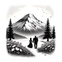 mount rainier with wild flowers, trees and a silhouette of a newly married couple walking towards the mountain tattoo design idea