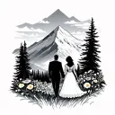 mount rainier with wild flowers, trees and a silhouette of a newly married couple walking towards the mountain tattoo design idea