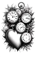 3 pocket watches and 1 heart pocket watch surrounded tattoo design idea